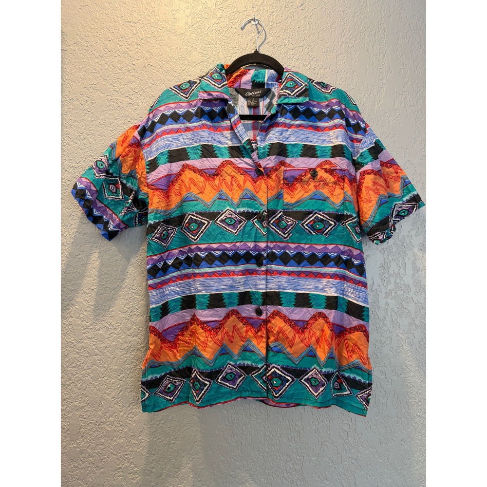 Options Melrose Vintage 100% Silk Geometric Tribal Print Short‎ Sleeve Shirt S